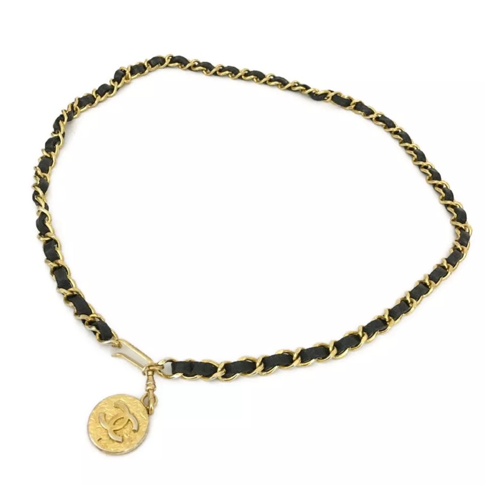 Authentic Chanel black leather belt chain gold CC Logo Gold Tone 80cm Chain Belt